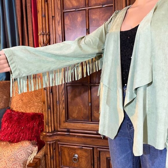 Colleen Lopez Pistachio Fringe Cascade Stretch Faux Suede Jacket Boho Western - Picture 9 of 11